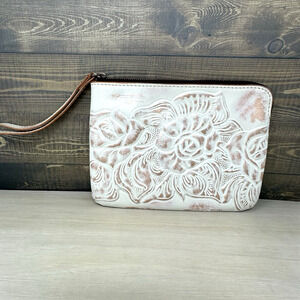 Patricia Nash White Copper Metallic Tooled Collection Wristlet Clutch
